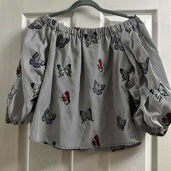 Zara Basic Embroidered Butterfly Off The Shoulder Striped Cropped Blouse Size S - Picture 2 of 13